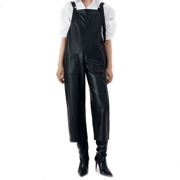 Zara Pants - Zara Faux Leather Black Cropped Overalls Size Small